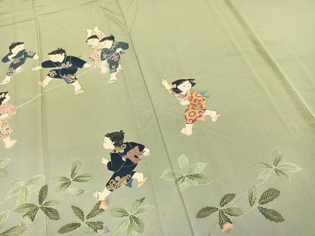 平和屋着物▽十日町友禅作家 関口遼一 訪問着 単衣 浜ちりめん 人物文 暈し染め ますいわ屋扱い 残布付き 正絹 逸品 AABD0341fy
