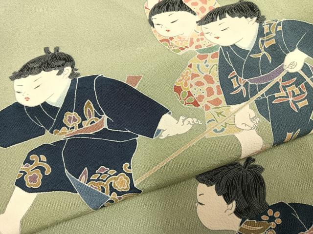平和屋着物▽十日町友禅作家 関口遼一 訪問着 単衣 浜ちりめん 人物文 暈し染め ますいわ屋扱い 残布付き 正絹 逸品 AABD0341fy