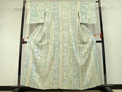平和屋着物▽上質な小紋 単衣 絞り 花唐草間道 正絹 逸品 AABD0351fy