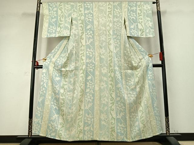 平和屋着物▽上質な小紋 単衣 絞り 花唐草間道 正絹 逸品 AABD0351fy