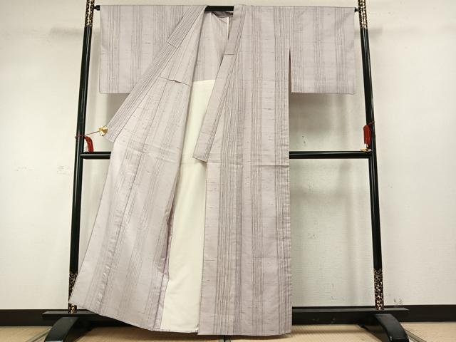 平和屋着物▽石川県指定無形文化財 牛首紬 白山工房 手織り 単衣 間道 正絹 逸品 AABD0353fy