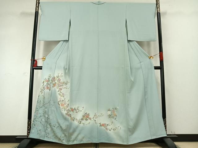 平和屋着物▽訪問着 単衣 刺繍 草花文 暈し染め 金銀彩 正絹 逸品 AABD0356fy