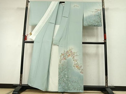平和屋着物▽訪問着 単衣 刺繍 草花文 暈し染め 金銀彩 正絹 逸品 AABD0356fy