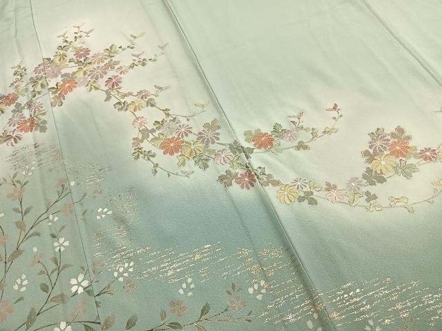 平和屋着物▽訪問着 単衣 刺繍 草花文 暈し染め 金銀彩 正絹 逸品 AABD0356fy