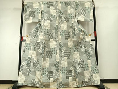 平和屋着物▽上質な紬 単衣 色紙重ね花文 正絹 逸品 AABD0357fy