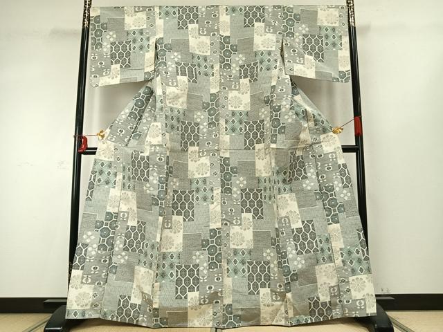 平和屋着物▽上質な紬 単衣 色紙重ね花文 正絹 逸品 AABD0357fy