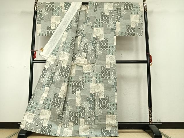 平和屋着物▽上質な紬 単衣 色紙重ね花文 正絹 逸品 AABD0357fy