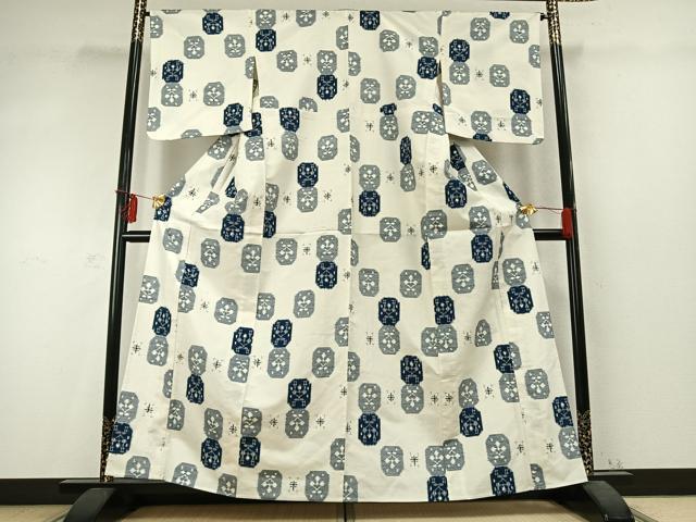 平和屋着物▽上質な紬 単衣 色紙花文 正絹 逸品 AABD0358fy