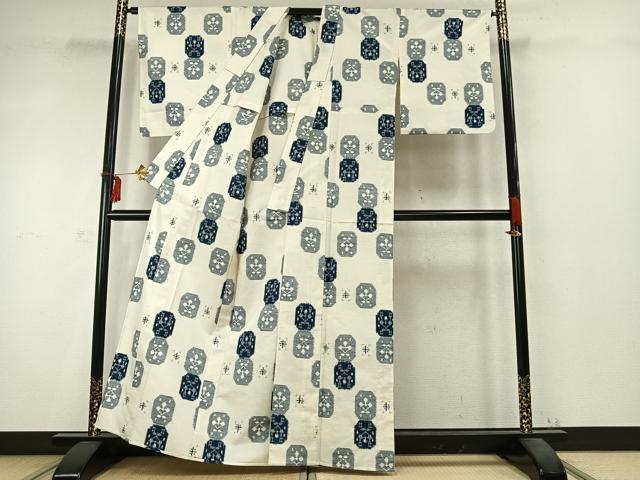 平和屋着物▽上質な紬 単衣 色紙花文 正絹 逸品 AABD0358fy