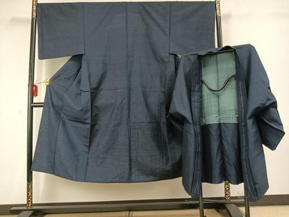平和屋着物▽男性 単衣 紬 アンサンブル 留紺色 やまと誂製 正絹 逸品 未使用 AABD0369fy