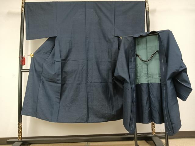 平和屋着物▽男性 単衣 紬 アンサンブル 留紺色 やまと誂製 正絹 逸品 未使用 AABD0369fy
