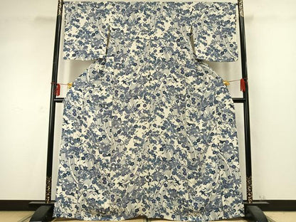 平和屋着物▽上質な小紋 単衣 型染め 扇面花鳥文 鬼しぼ縮緬 正絹 逸品 AABD0371fy
