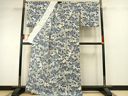 平和屋着物▽上質な小紋 単衣 型染め 扇面花鳥文 鬼しぼ縮緬 正絹 逸品 AABD0371fy