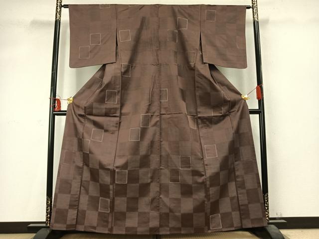 平和屋着物▽上質な紬　単衣　市松文様　正絹　逸品　AABD0373fy