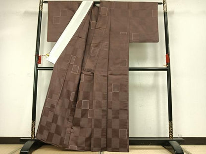 平和屋着物▽上質な紬　単衣　市松文様　正絹　逸品　AABD0373fy