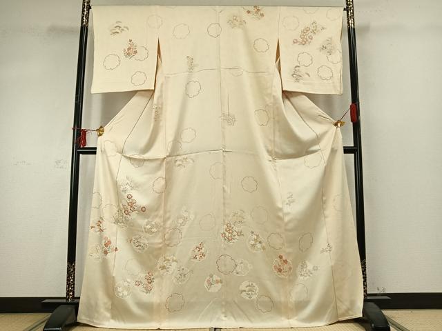 平和屋着物▽訪問着 単衣 刺繍 雪輪花文 正絹 逸品 AABD0376fy
