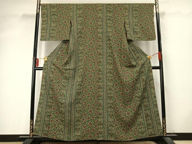 平和屋着物▽上質な小紋 単衣 花唐草間道 正絹 逸品 AABD0379fy