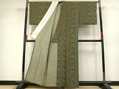 平和屋着物▽上質な小紋 単衣 花唐草間道 正絹 逸品 AABD0379fy