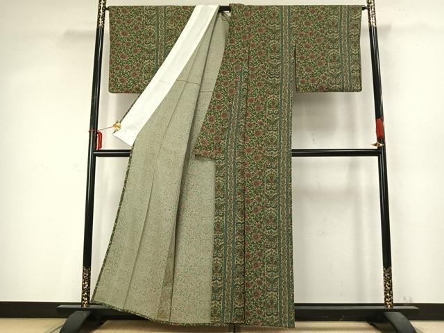 平和屋着物▽上質な小紋 単衣 花唐草間道 正絹 逸品 AABD0379fy