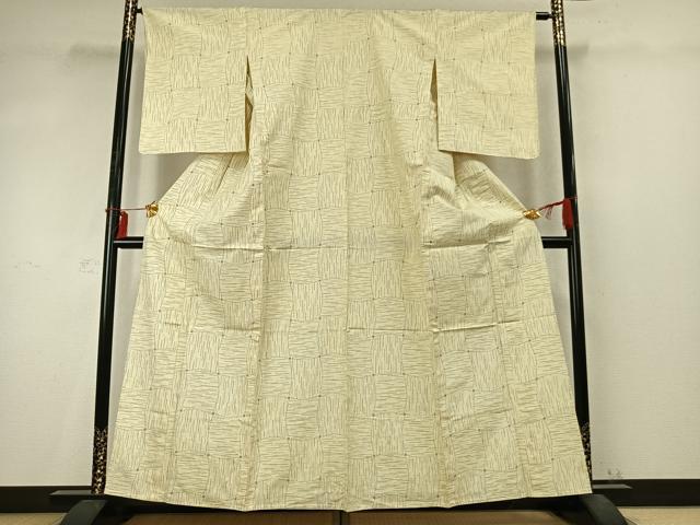 平和屋着物▽上質な紬　単衣　変わり市松文様　正絹　逸品　AABD0395fy