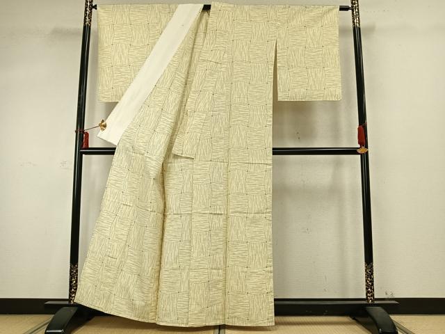 平和屋着物▽上質な紬　単衣　変わり市松文様　正絹　逸品　AABD0395fy