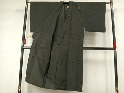 平和屋着物▽男性 黒紋付 単衣 紬地 正絹 逸品 AABD0396fy