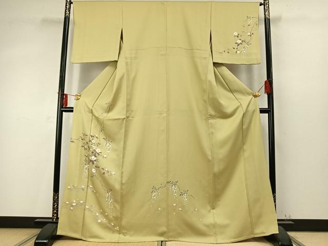 平和屋着物▽訪問着 単衣 刺繍 枝花文 正絹 逸品 AABD0399fy