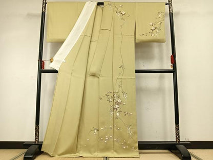 平和屋着物▽訪問着 単衣 刺繍 枝花文 正絹 逸品 AABD0399fy