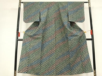 平和屋着物▽上質な紬 単衣 絞り 菱文 正絹 逸品 AABD0407fy