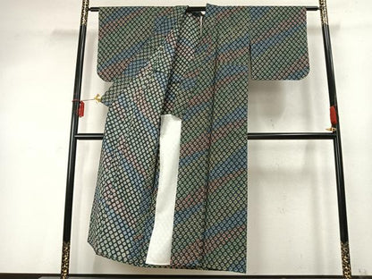 平和屋着物▽上質な紬 単衣 絞り 菱文 正絹 逸品 AABD0407fy
