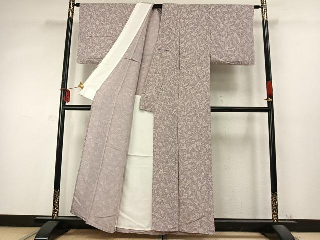 平和屋着物▽上質な小紋 単衣 花唐草文 鬼しぼ縮緬 反端付き 正絹 逸品 AABD0410fy