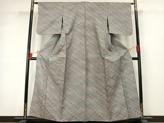 平和屋着物▽お召 単衣 黄金糸 市松文様 正絹 逸品 AABD0416fy