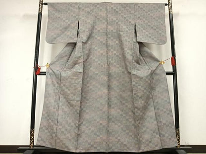平和屋着物▽お召 単衣 黄金糸 市松文様 正絹 逸品 AABD0416fy