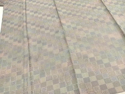 平和屋着物▽お召 単衣 黄金糸 市松文様 正絹 逸品 AABD0416fy
