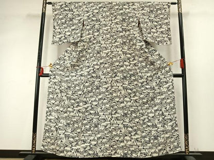 平和屋着物▽上質な小紋　単衣　風景文　正絹　逸品　AABD0417fy