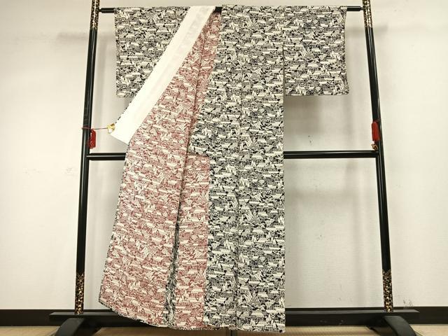 平和屋着物▽上質な小紋　単衣　風景文　正絹　逸品　AABD0417fy