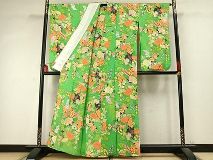 平和屋着物▽豪華振袖 単衣 草花文 正絹 逸品 AABD0435fy