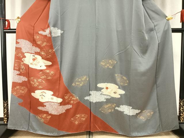 平和屋着物●訪問着　絞り　刺繍　地紙草花文　金糸　金彩　正絹　逸品　AABD0499fy