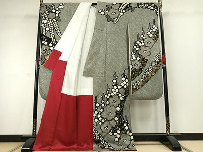 平和屋着物●豪華振袖　絞り　舞花文　黒地　金彩　ロング丈　正絹　逸品　AABD0539fy
