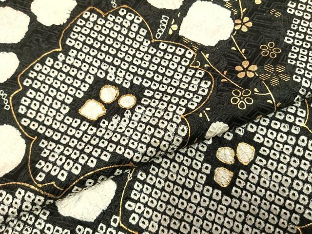 平和屋着物●豪華振袖　絞り　舞花文　黒地　金彩　ロング丈　正絹　逸品　AABD0539fy