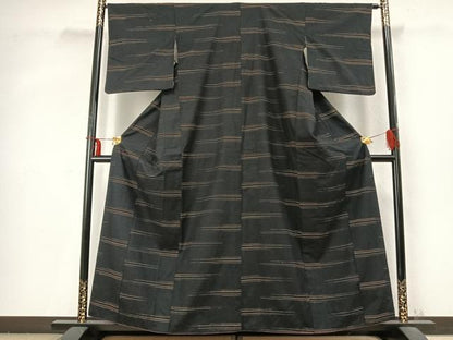 平和屋着物●上質な紬 横縞 黒地 正絹 逸品 AABD0562fy