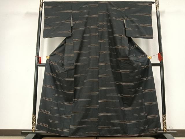 平和屋着物●上質な紬 横縞 黒地 正絹 逸品 AABD0562fy