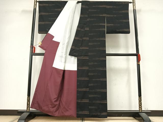 平和屋着物●上質な紬 横縞 黒地 正絹 逸品 AABD0562fy