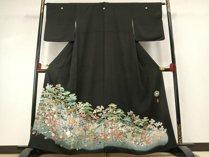 平和屋着物●豪華黒留袖 友禅 作家物 風景花鳥文 暈し染め 黒地 正絹 逸品 AABD0640fy