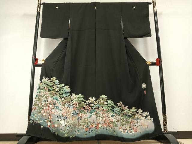 平和屋着物●豪華黒留袖 友禅 作家物 風景花鳥文 暈し染め 黒地 正絹 逸品 AABD0640fy