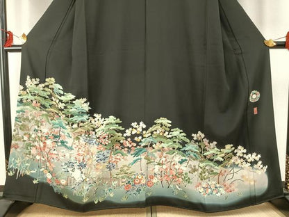 平和屋着物●豪華黒留袖 友禅 作家物 風景花鳥文 暈し染め 黒地 正絹 逸品 AABD0640fy
