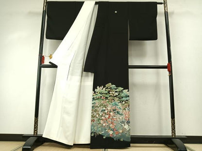 平和屋着物●豪華黒留袖 友禅 作家物 風景花鳥文 暈し染め 黒地 正絹 逸品 AABD0640fy