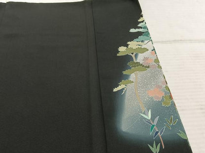 平和屋着物●豪華黒留袖 友禅 作家物 風景花鳥文 暈し染め 黒地 正絹 逸品 AABD0640fy