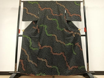 平和屋着物●上質な紬　絞り　幾何学文様　黒地　正絹　逸品　AABD0680fy