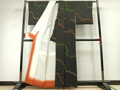 平和屋着物●上質な紬　絞り　幾何学文様　黒地　正絹　逸品　AABD0680fy